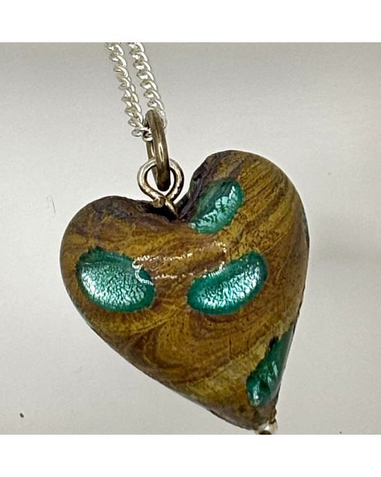 Gold and Green Spot Murano Glass Heart Pendant