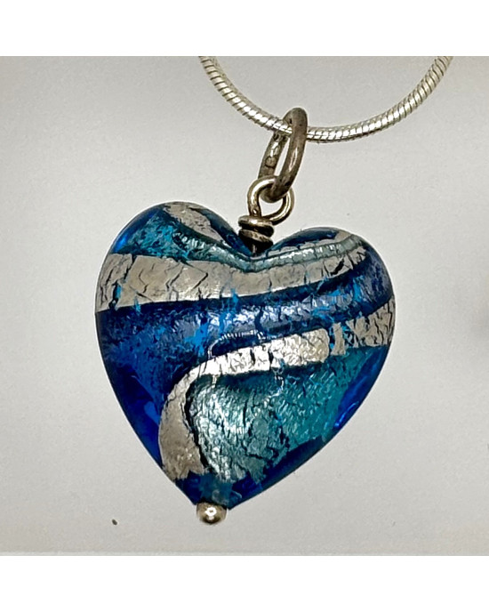 Blue and Silver Swirl Murano Glass Heart Pendant