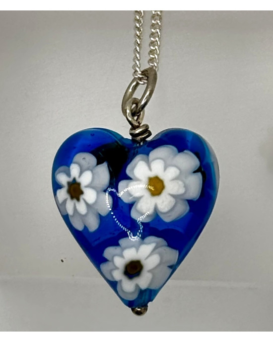 Blue Millefiore Murano Glass Heart Pendant