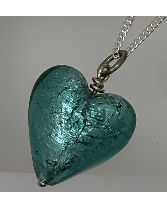 Turquoise Silver Foiled Murano Glass Heart Pendant
